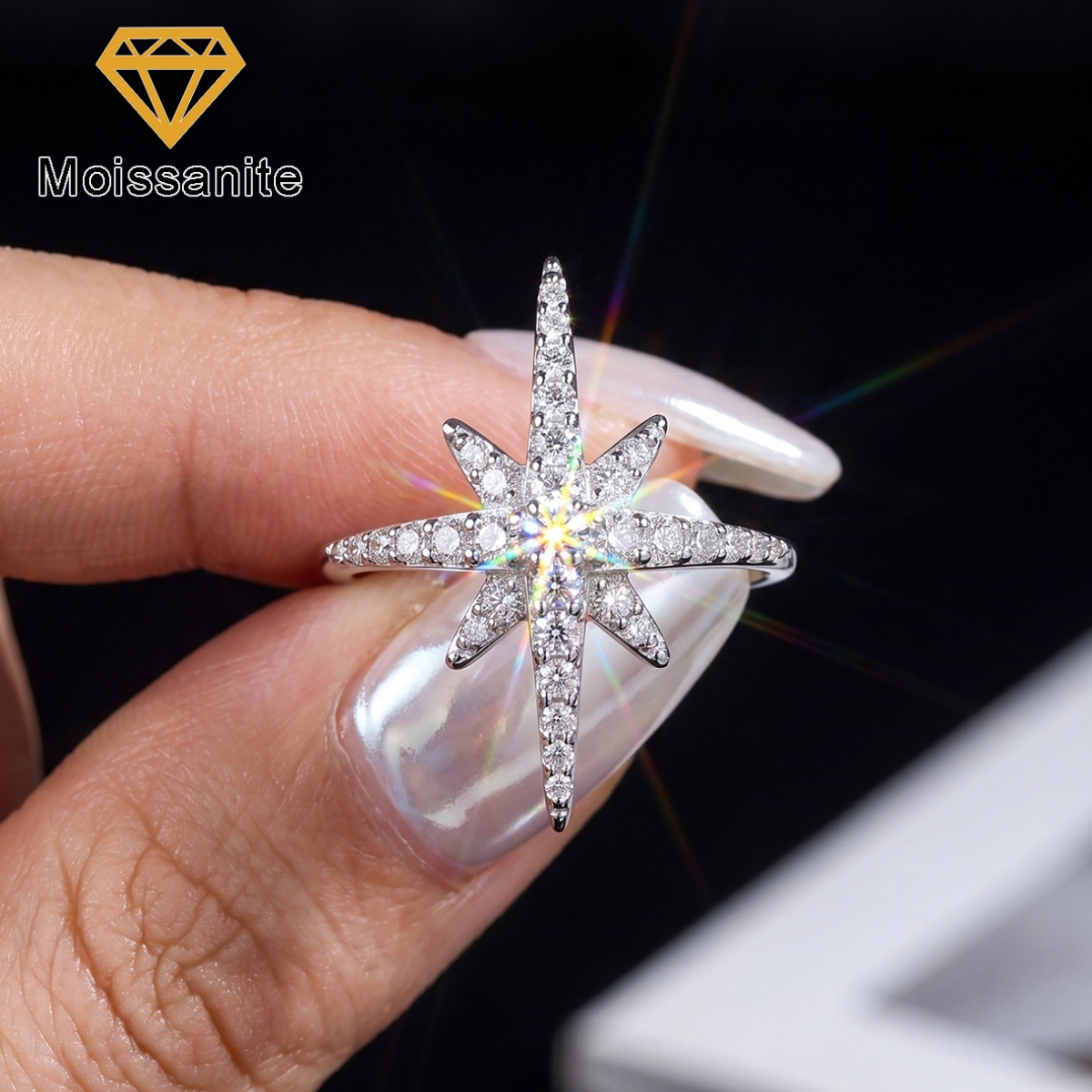 Sparkling Eight-Pointed Star Moissanite Ring for Women